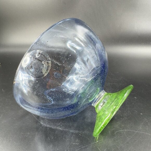 Amici Art Glass Footed Compote Large Drinking Cup Bowl Blue And Green Bottom - Picture 6 of 9